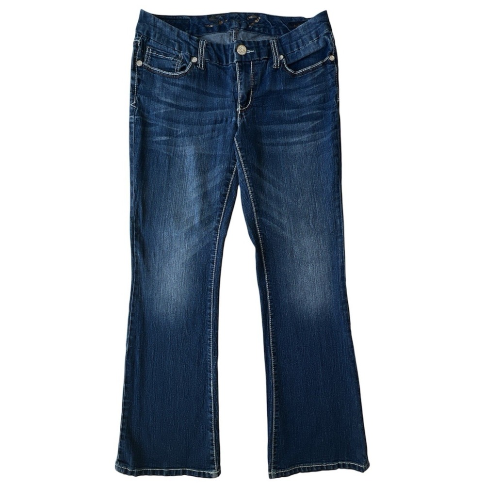 Y2K Seven7 Jeans Bootcut Flare Womens 10 Distressed Whiskered Embroidered Denim